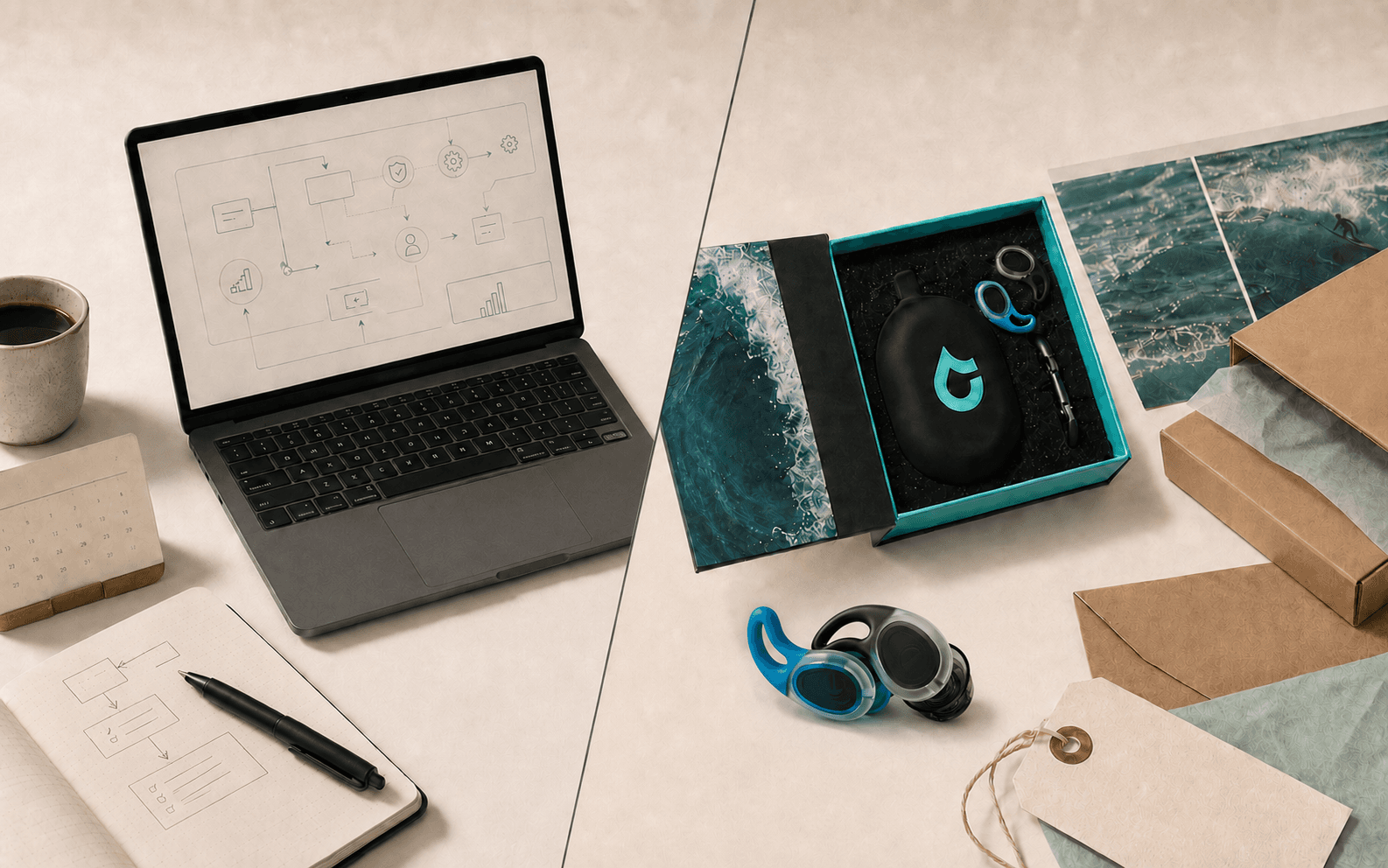 Split image: a laptop showing a workflow diagram on the left, an opened SEAR Plugs product box and surf photos on the right