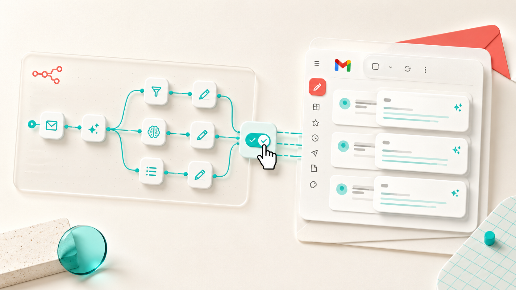 Illustration of the AI inbox autopilot: an n8n workflow branching into filter, classify and draft steps, feeding into a Gmail inbox of drafted replies